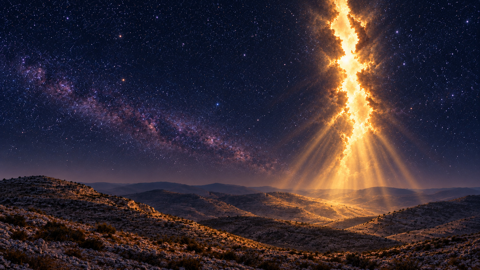 Golden light tearing open the night sky over desert hills