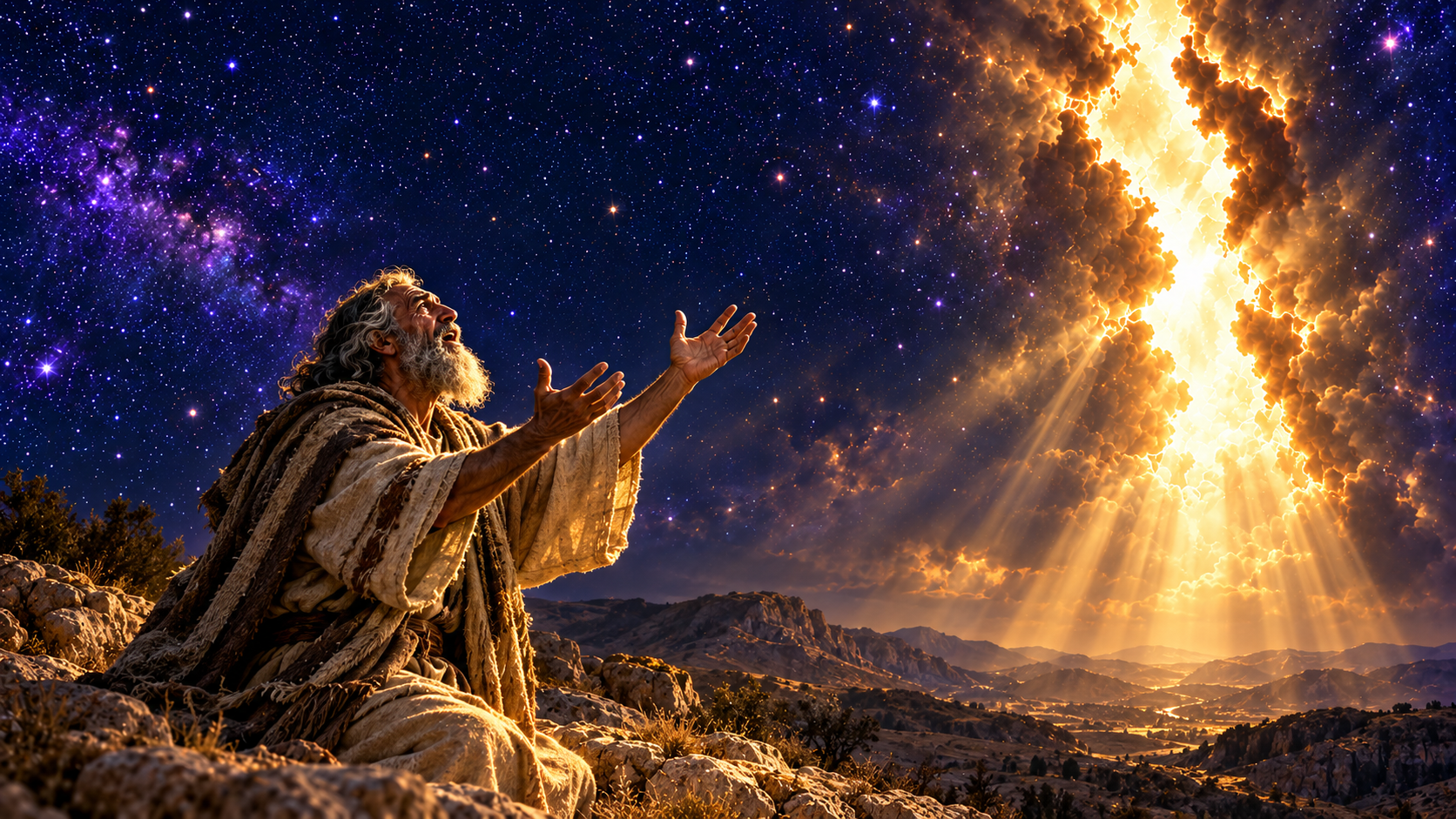 A figure gazing at the heavens torn open with golden light